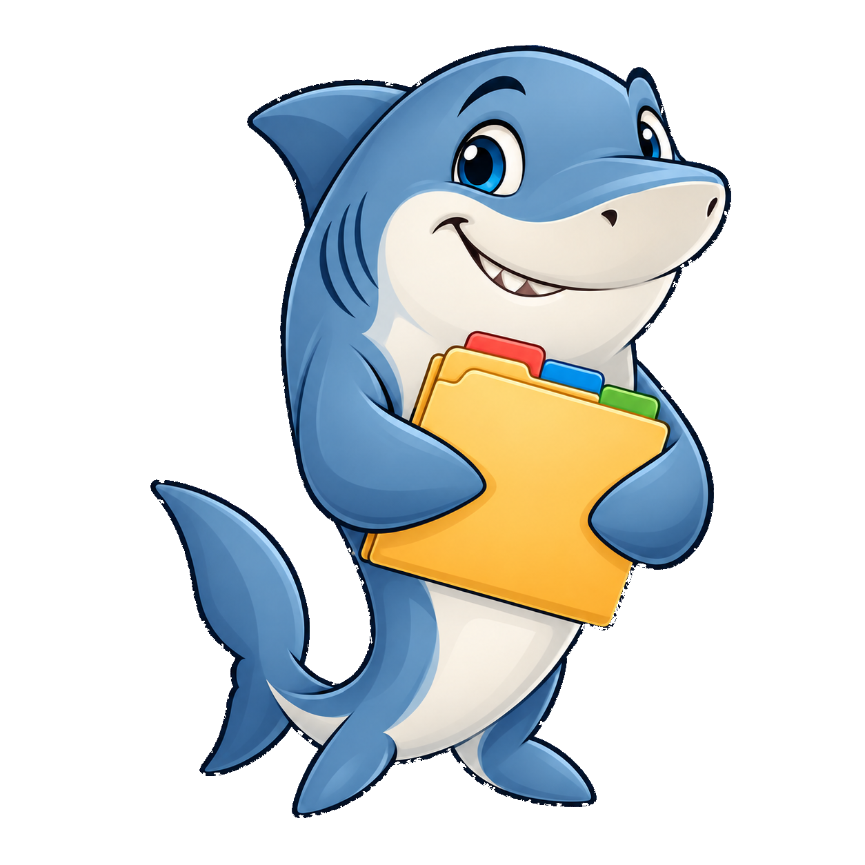Finley the shark holding a neatly tabbed folder